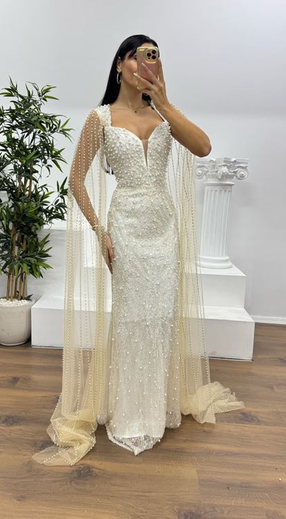 Ekru Kollu İnci Süslemeli Abiye Elbise